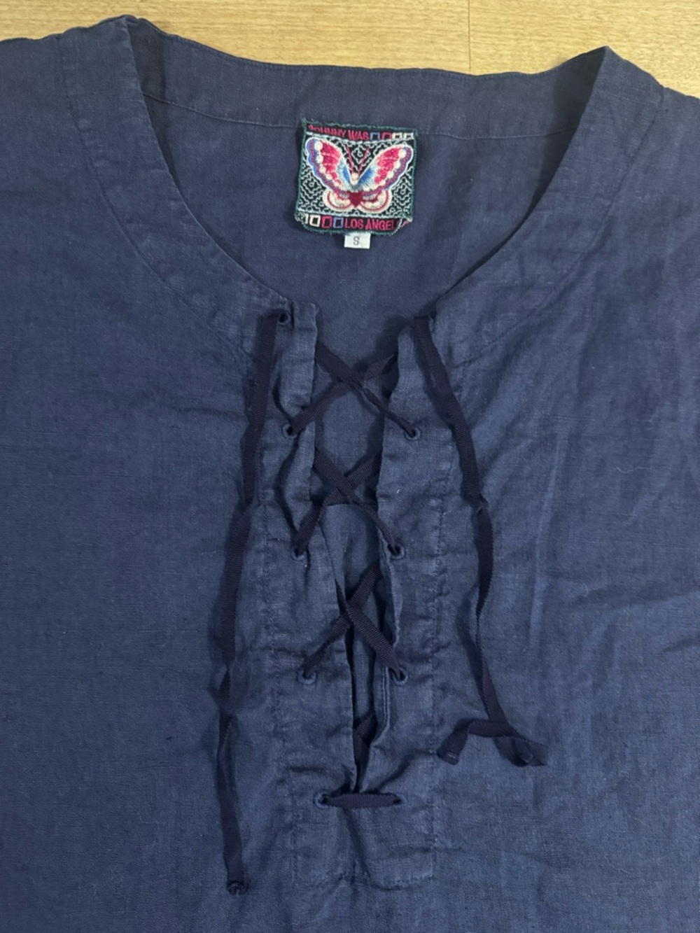 Johnny Was Navy Lace-Up v neck blouse top - Picture 3 of 7